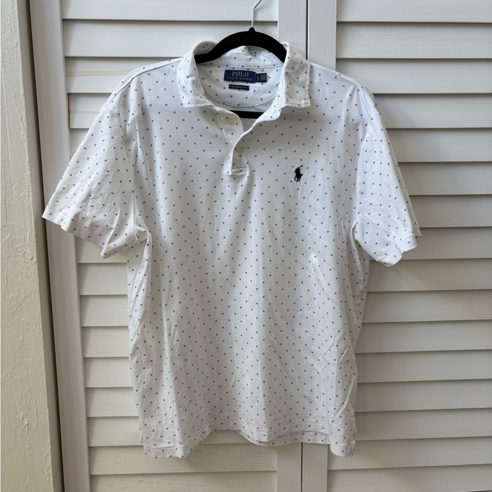 Polo by Ralph Lauren White and Blue Men's Polo Shirt Large
